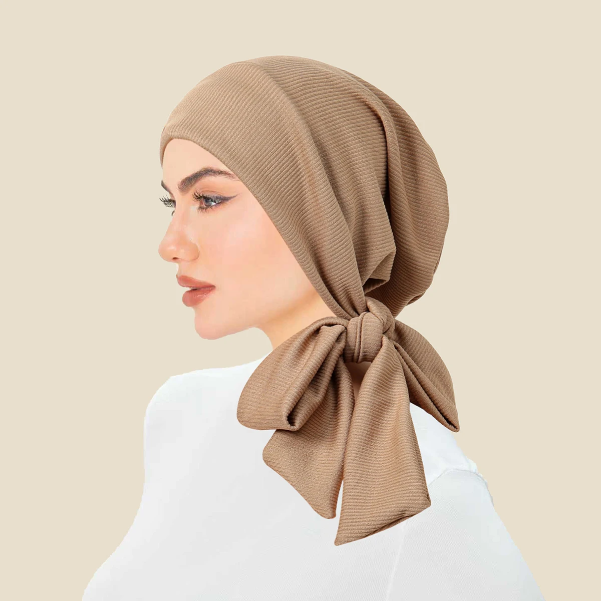 Trendy Stripe Long Tail Strap Hijab Turban Hats Muslim Solid Color Head Wraps Soft Strech Chemo Cap For Women Girls