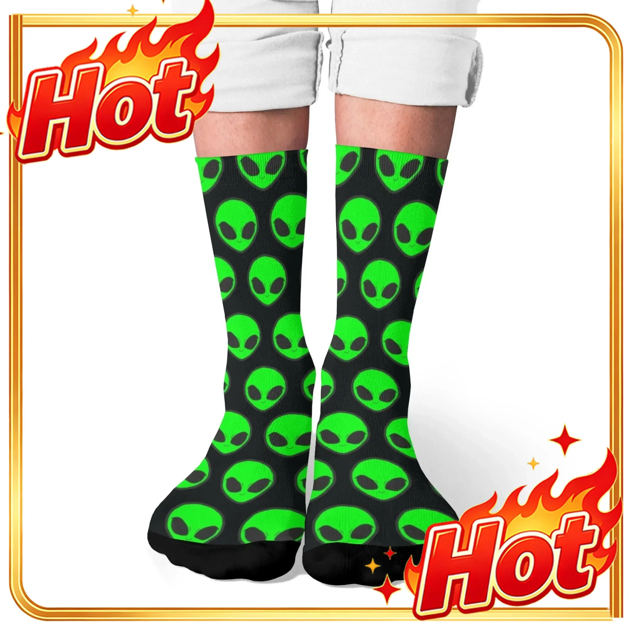 Green alien face pattern print men's socks retro style crazy party street hip-hop trend socks comfortable non-slip breathable
