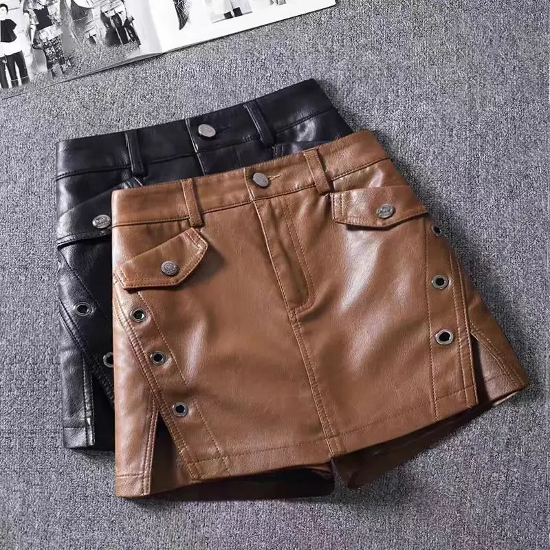 Leather Pants Skirt Women's New High Waist and Thin Versatile Loose Short Skirt Large Size Leather Shorts A-word Skirt Pants