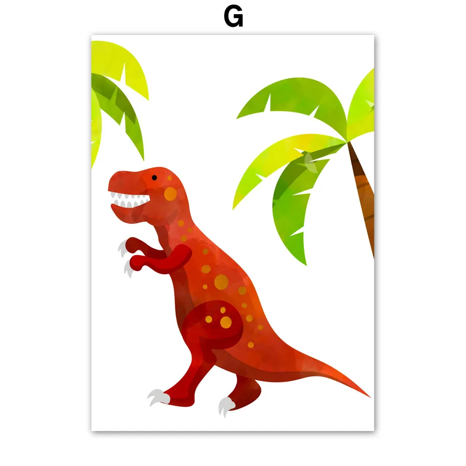 Watercolor Dinosaur Wall Art Canvas Print Cute Cartoon Dino Tropical Volcano Meteor Poster Kids Nursery Bedroom Playroom Deco