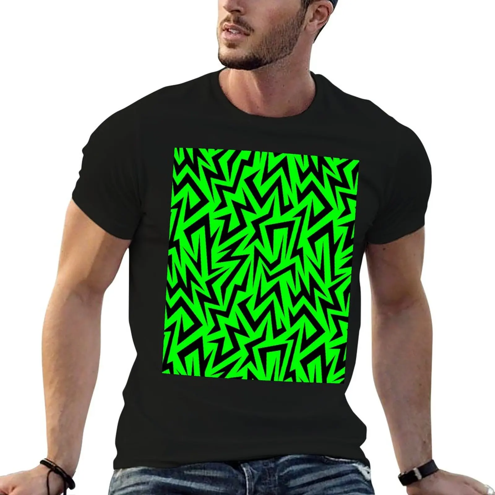 Jagged Lines Slime Green T-Shirt Work Outdoor Short Sleeve Tee