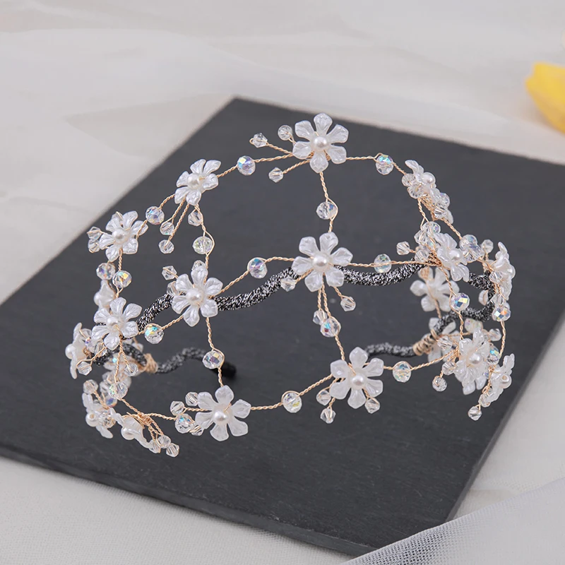 Fashion Women's Whit Flower Crystal Hair Jewelry Wedding Bride's Hair Rhinestone Crystal Bride Flower Pearl Handmade Hair Band