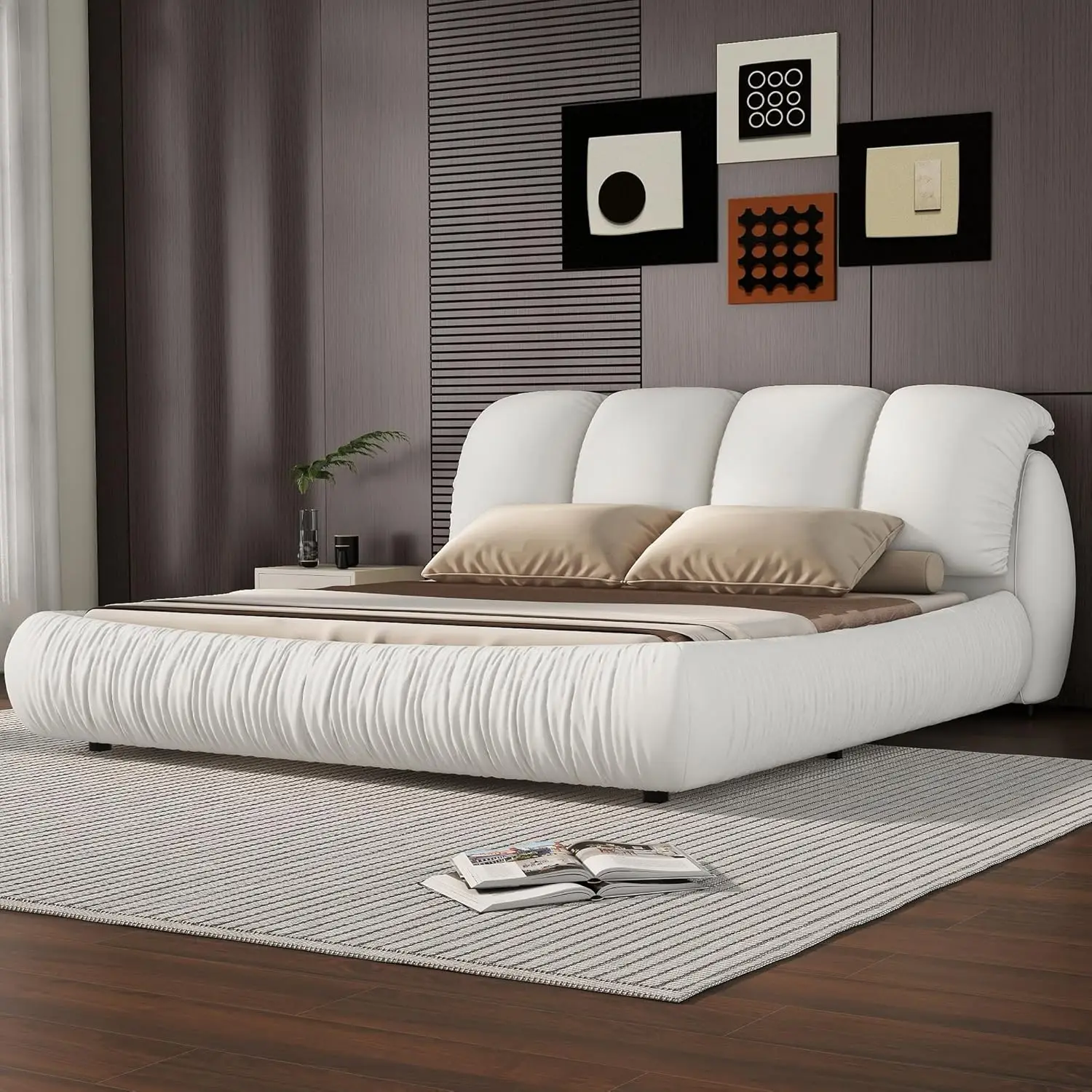 Queen Size Luxury Upholstered Bed With Oversized Padded Headboard, Pu Leather Bed Frame With Pleating Footboard And Wood Slats