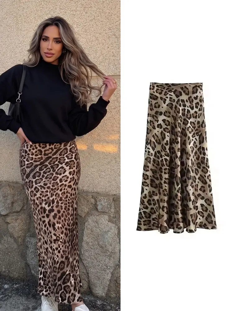 HH Women Leopard Print Long Skirt Summer Fashion Vintage Satin Printed Skirts Fashion Vintage Casual Streetwear Midi Skirts