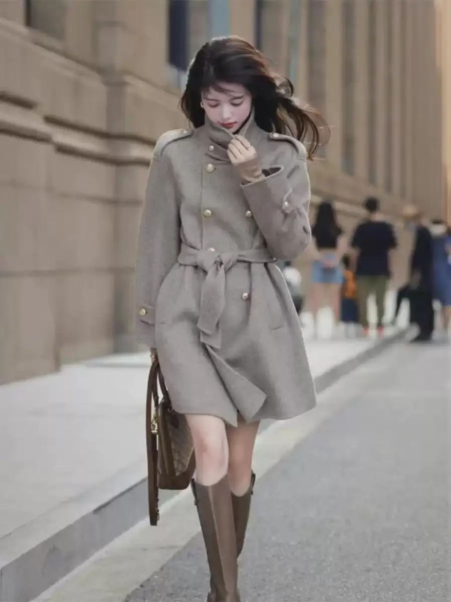 

2025 Autumn Winter French Style Gray Tweed Coat for Women Double Breasted Loose Fit Thickened Mid Length Woolen Outerwear Chic