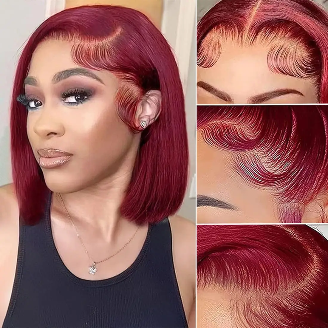 Glueless 99J Burgundy bob wigs 5x5 HD Lace Front wigs human hair 190% Pre Plucked Straight short bob human Hair Wigs For Women