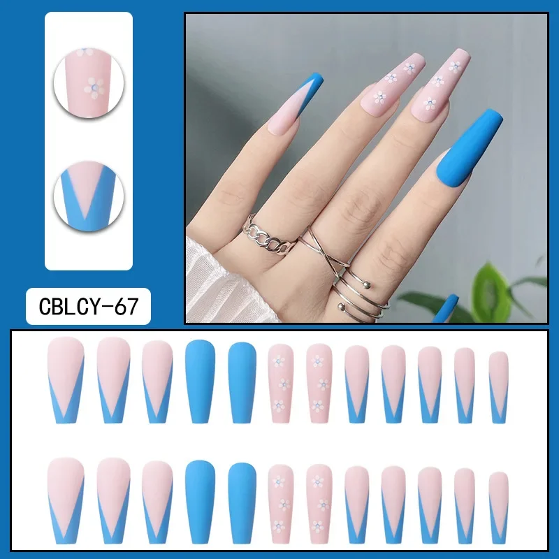 

24Ps/Set Blue V-Shape French Handmade Flat Fake Nails Adhesive Removable Wearing False Nail Full Cover Acrylic Press on Nail Art