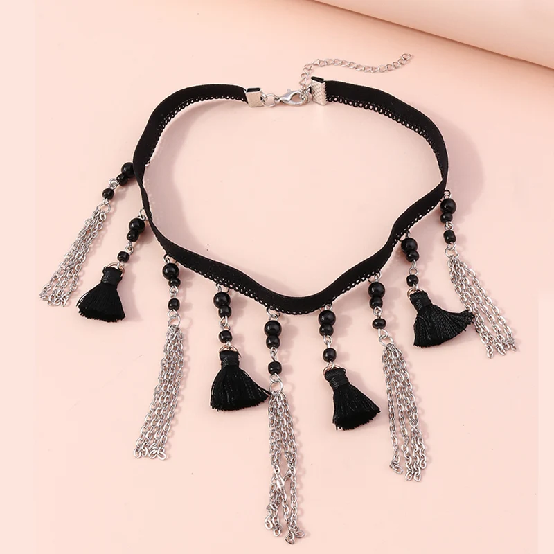 Aihua Gotische Viktorianische Schwarz-Rote Spitzen-Halskette für Damen und Mädchen, Boho Kristall-Quasten Sexy Spitzen-Choker, Steampunk Dark Loli Stil Schmuck – Detail 8