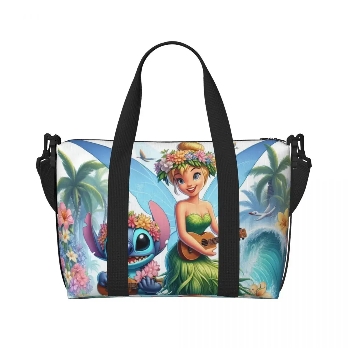 Custom Tinker Bell Stitch Beach Tote Bag Women Big Compartment Gym Beach Travel Bags