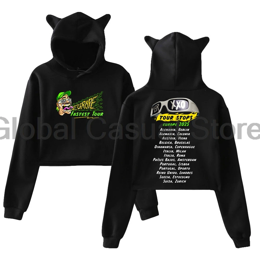 Feid Ferxxo Europe Fastest Tour Hoodie Female Cat Ears Hooded Sweatshirts Long Sleeve Crop Top Women's Clothes