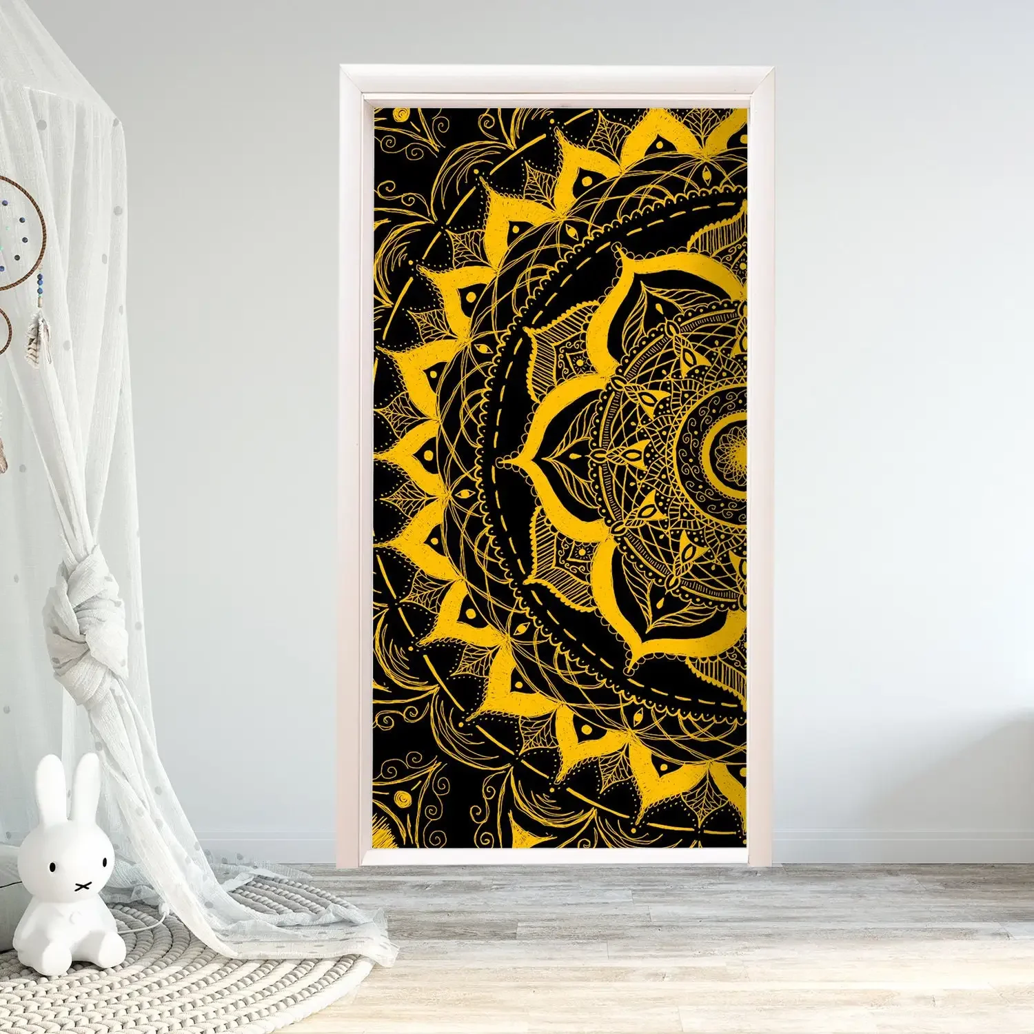 Vintage mandala flor porta adesivos, boho floral, papel de parede de porta cheia, mural auto-adesivo, decoração de casa, decalque do quarto