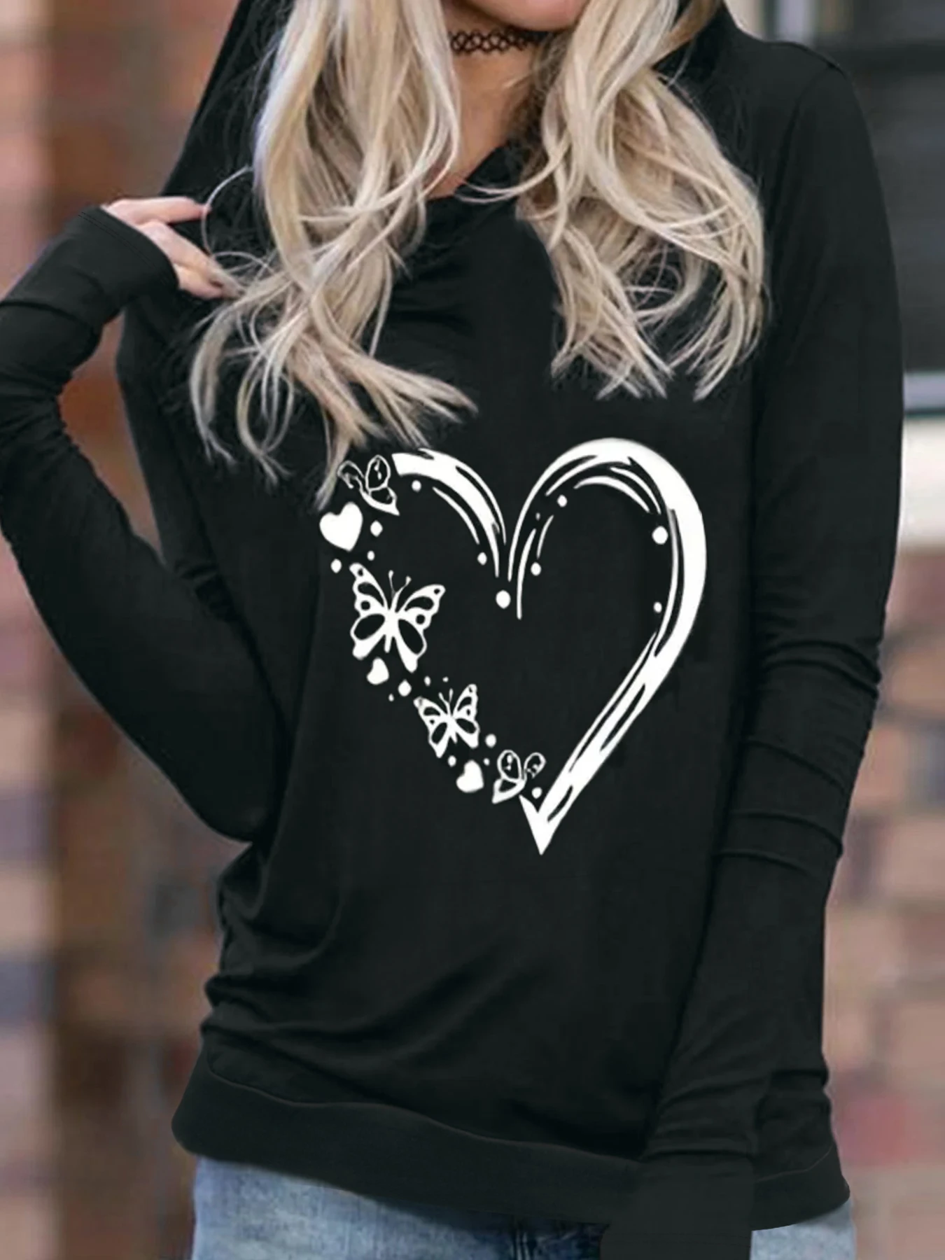 Women Fashion Heart Printed Hoodies Sweatshirts Casual Full Long Sleeve Tops Ladies Autumn Spring Hoodies