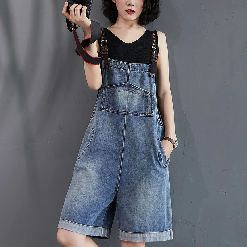 

Short Jean Jumpsuit for Ladies Summer Casual Loose Sleeveless Wide Leg Denim Overalls for Women Adjustable Strap Denim Playsuit