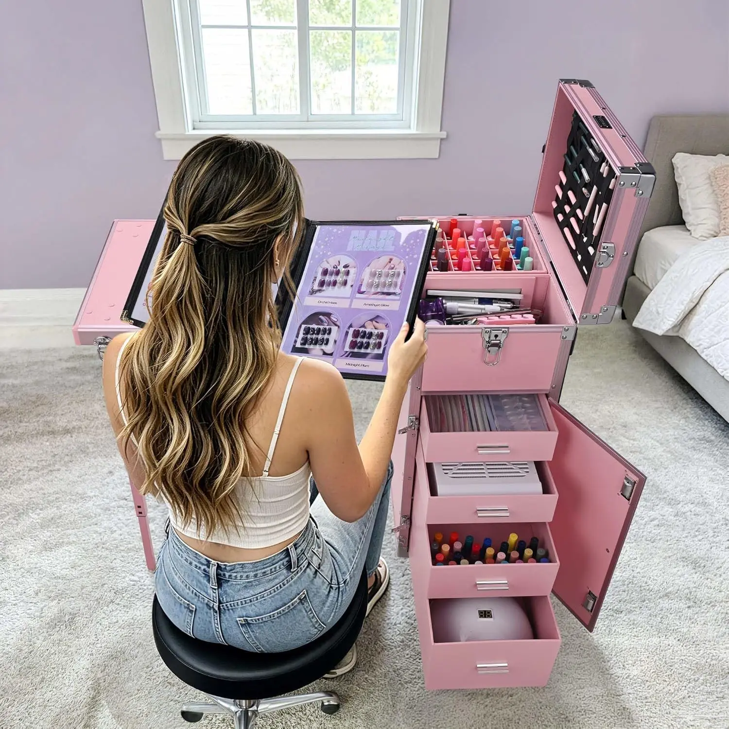 #Pink Rolling Manicure Table with Handle & 4 Drawers Foldable Large Capacity for Nail Tech, Customized