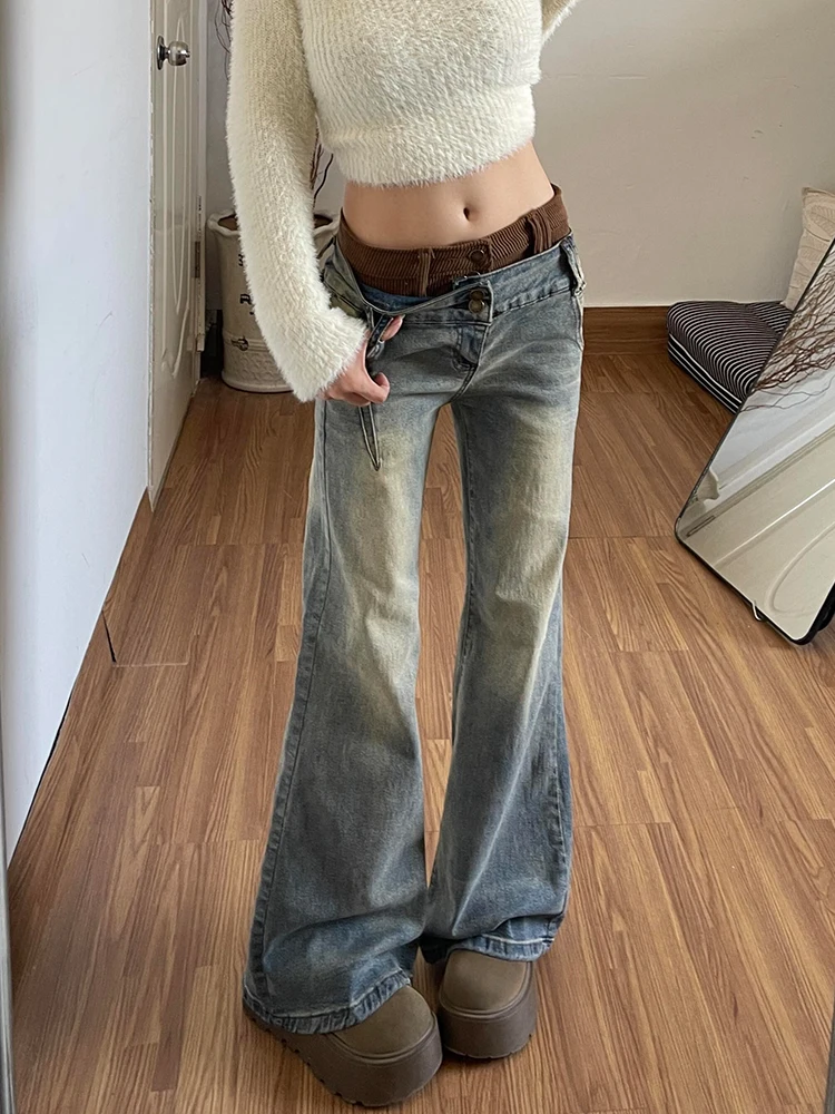 

Американские джинсы High Street Design Sense с нерегулярной двойной талией, женские сексуальные винтажные утягивающие микро расклешенные длинные брюки