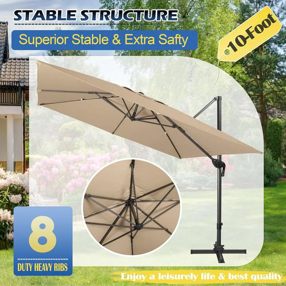 10x10ft Square Cantilever Patio Umbrella with 360° Rotation, 8 Ribs, Fade-Resistant & Waterproof for Outdoor Spaces