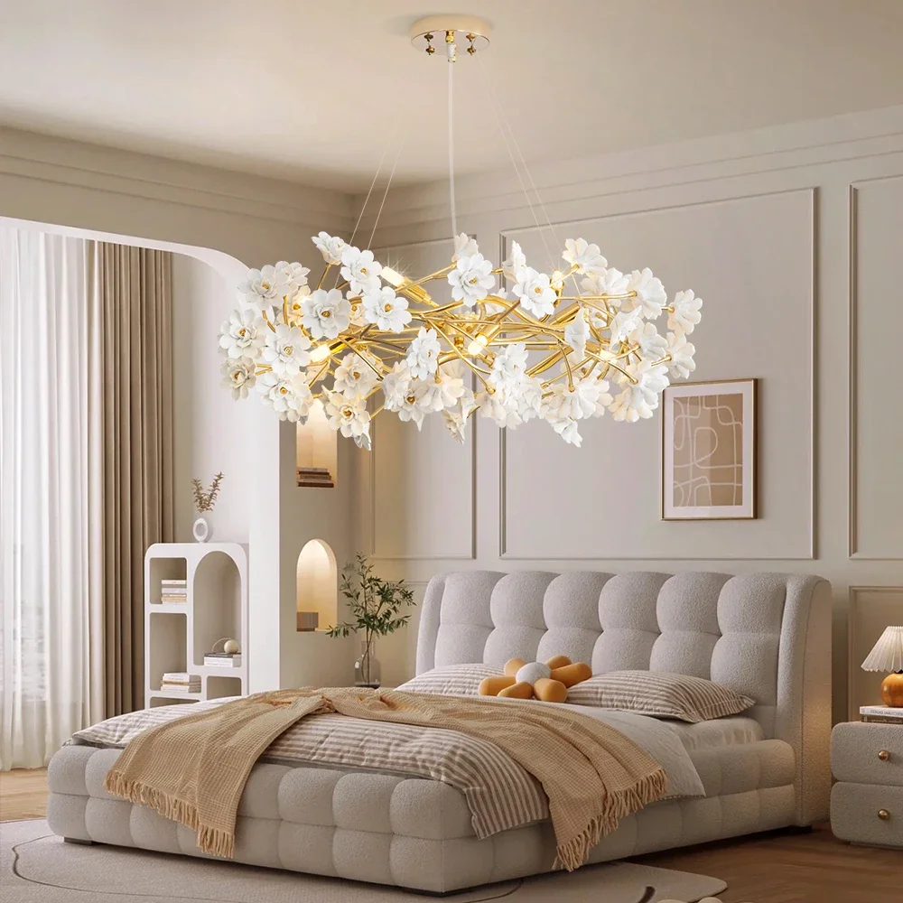 French White Flower Chandelier for Living Room Bloom Ceramics Bedroom Girl's Room Romantic Ceiling Hanging Pendant led lights