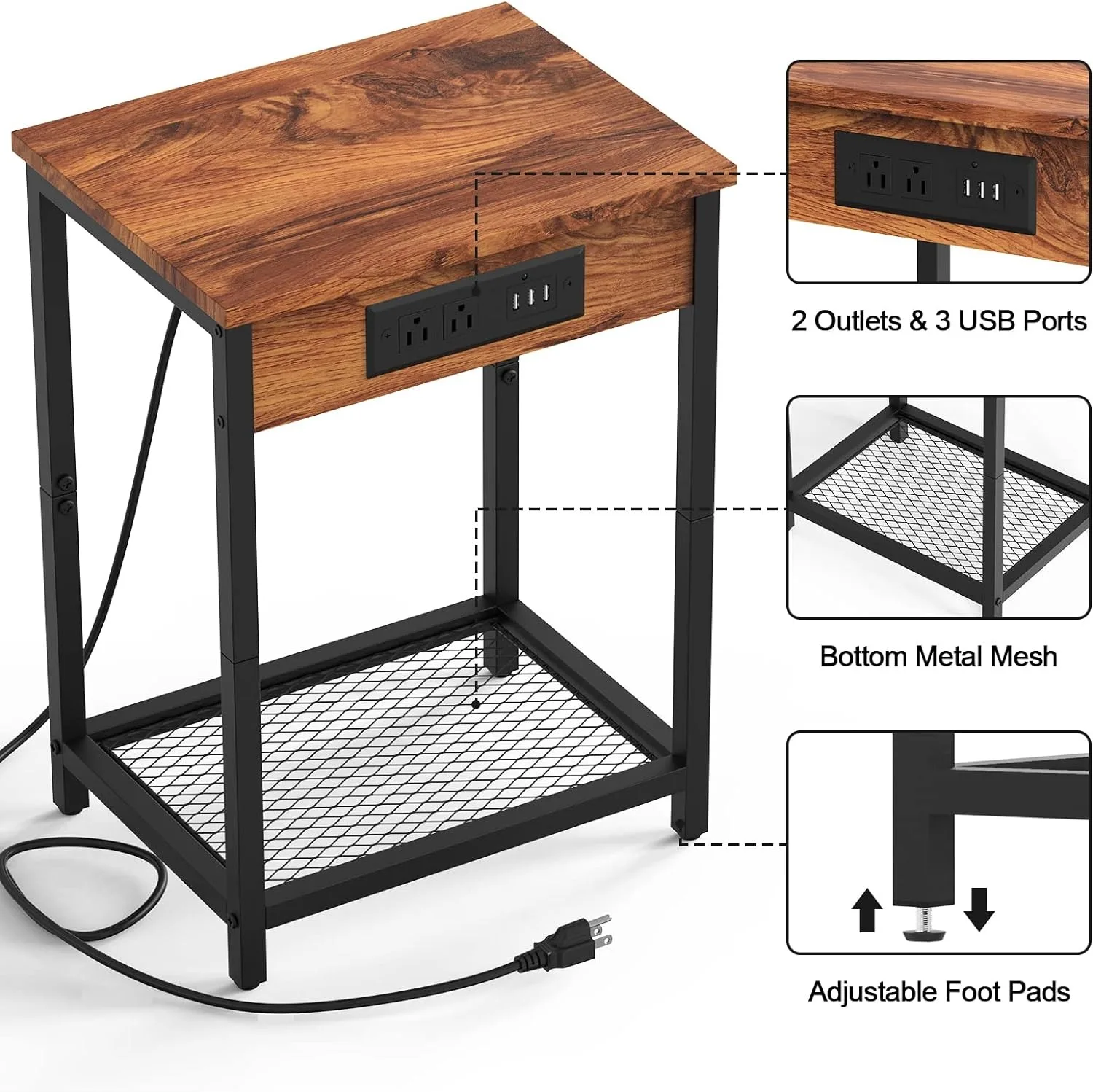 Tables de nuit avec station de charge et ports USB, table d'appoint étroite à 2 niveaux, table de chevet, chambre à coucher avec étagère de rangement, lot de 2