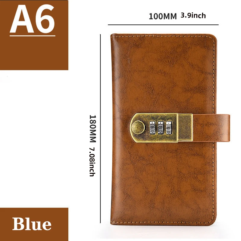 PU Leather Travel Notebook With Digits Password Lock A6 Agenda Diary Journal Notepad Business Stationery Black Red Brown Blue