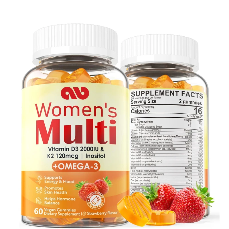 Women's sugar free compound vitamin gummies, containing vitamin D3+K2, Omega 3, Alage calcium,used for energy,bones,and immunity