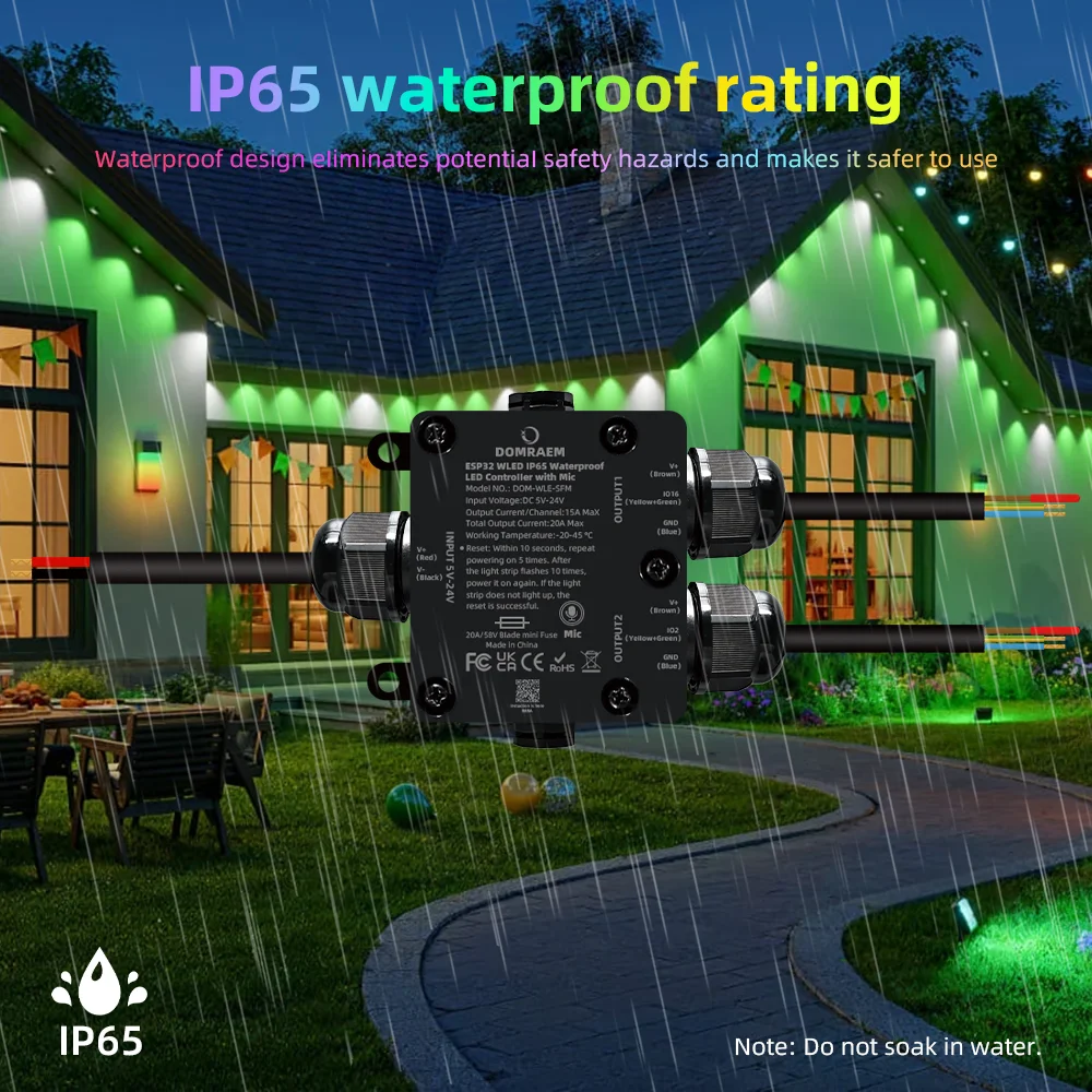 IP65 Waterproof DOMRAEM ESP32 WLED 2CH LED Controller | Outdoor Use, 20A Fuse & Music Sync | Supports WS281X SK6812 APA102   ICs