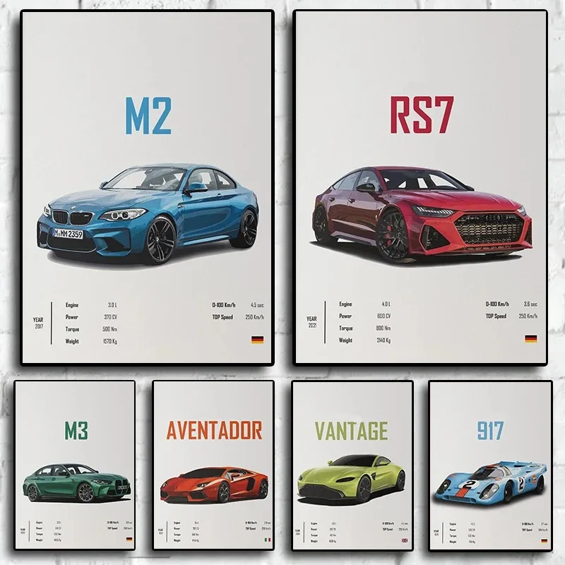 M2 M3 917 Classic Sports Car Famous Luxury Performance Car Series Canvas Posters for Room Living Home Wall Art Decor Pictures