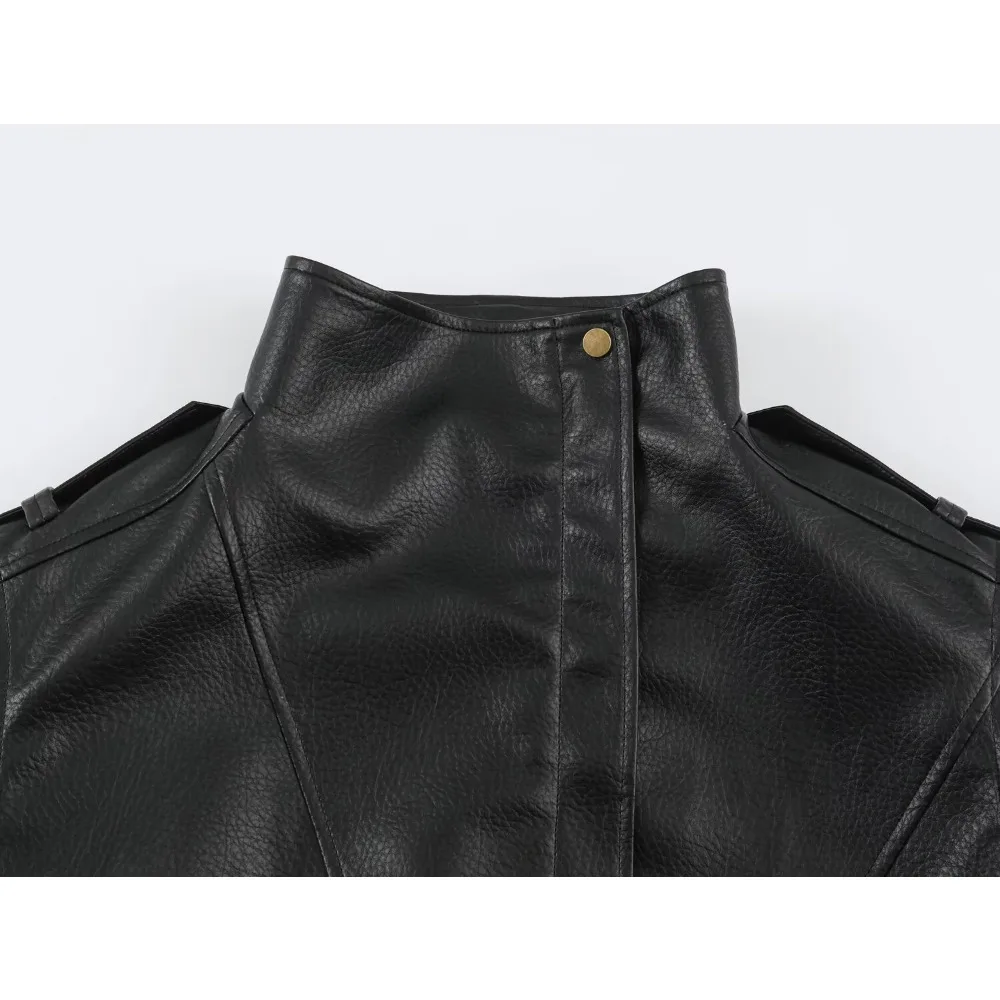 Autumn & Winter Faux Leather Bomber Jacket for Women Brown Zippered Jacket Long Sleeves Stand-up Collar Jacket with Shoulder Tab