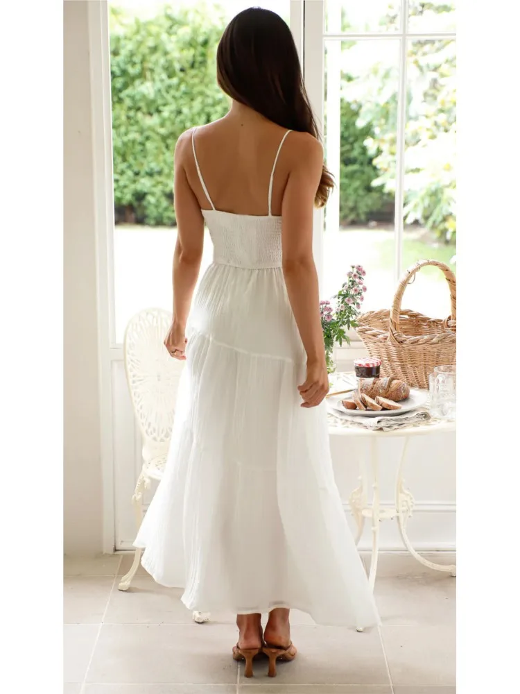 2025 New Fashion Vintage Boho White Dress Women Solid Color Sexy Strap Backless Tie-Up Elegant Party Beach A-line Long Dresses