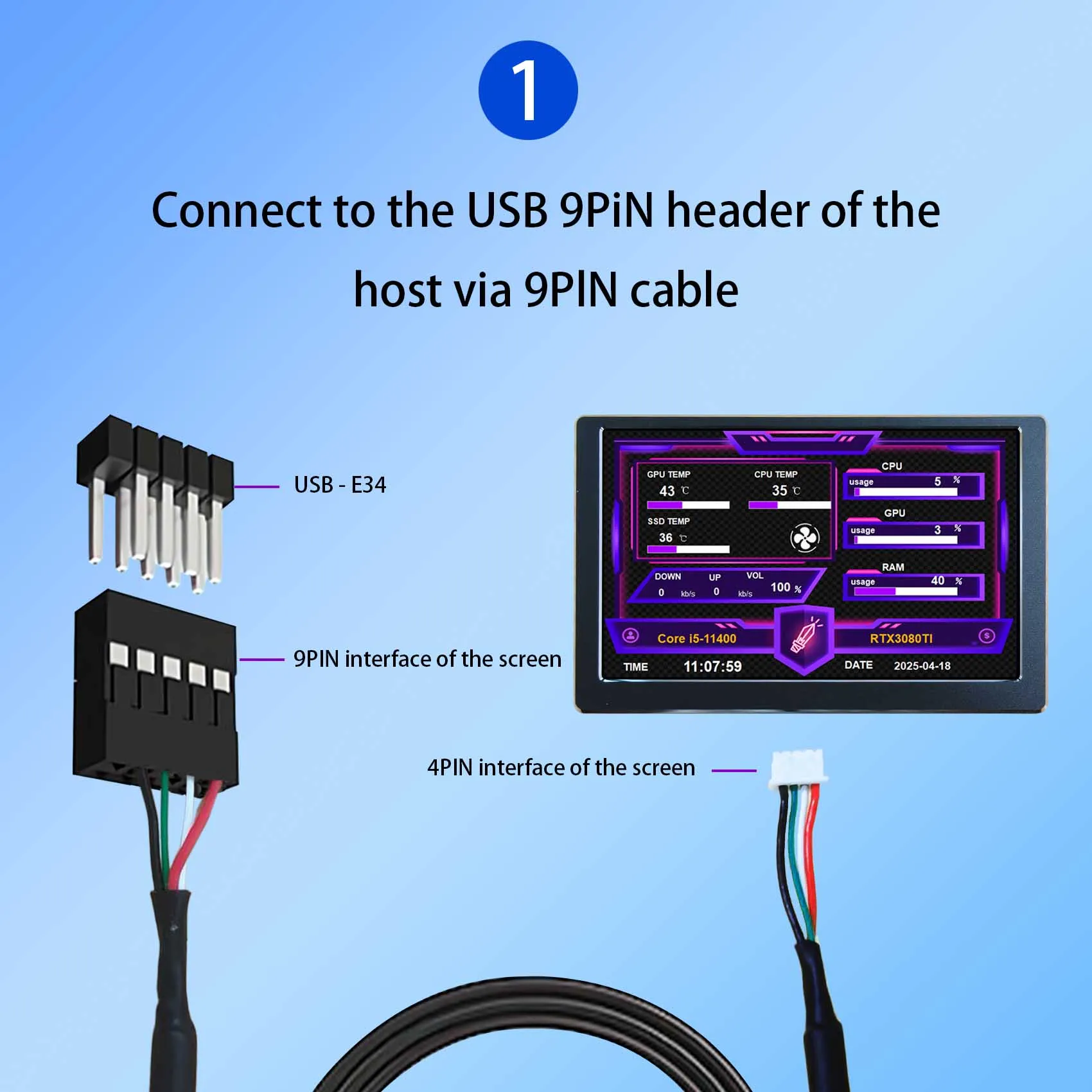Built In Theme Cpu Gpu Temp Ips Monitor Black 5Inch 800X480 Usb Monitor Aio Lcd Screen For Pc Case
