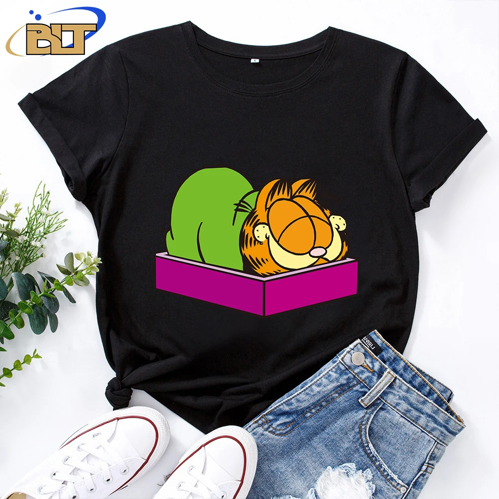 

Женская Повседневная футболка Garfield с принтом, черный хлопковый топ с коротким рукавом