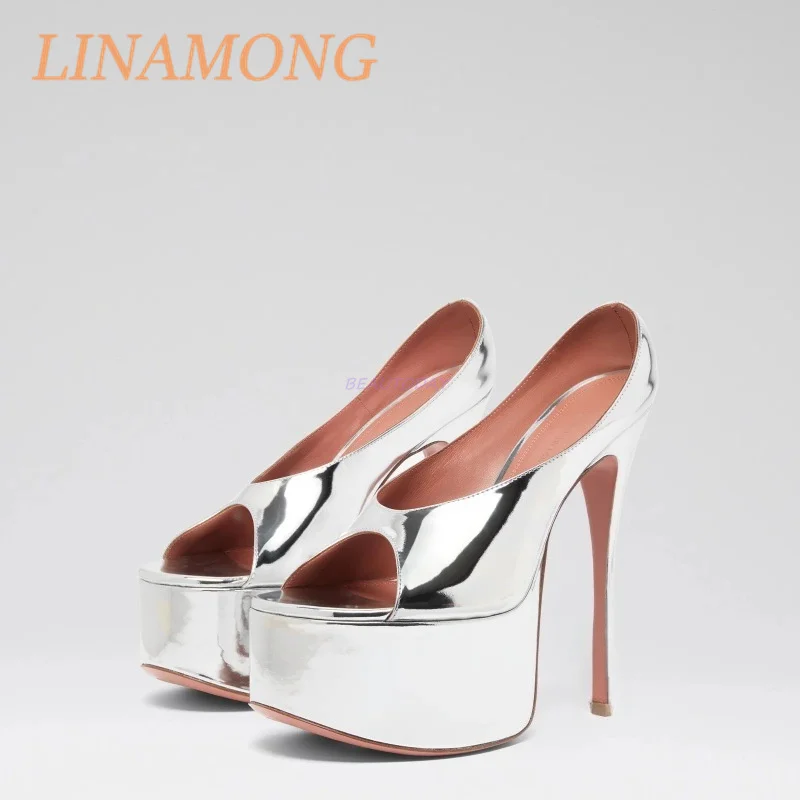 

Silver Luxury High Heels Fashionable Temperament Simple Waterproof Platform Fish Mouth Slim High Heels Banquet Party Sandals
