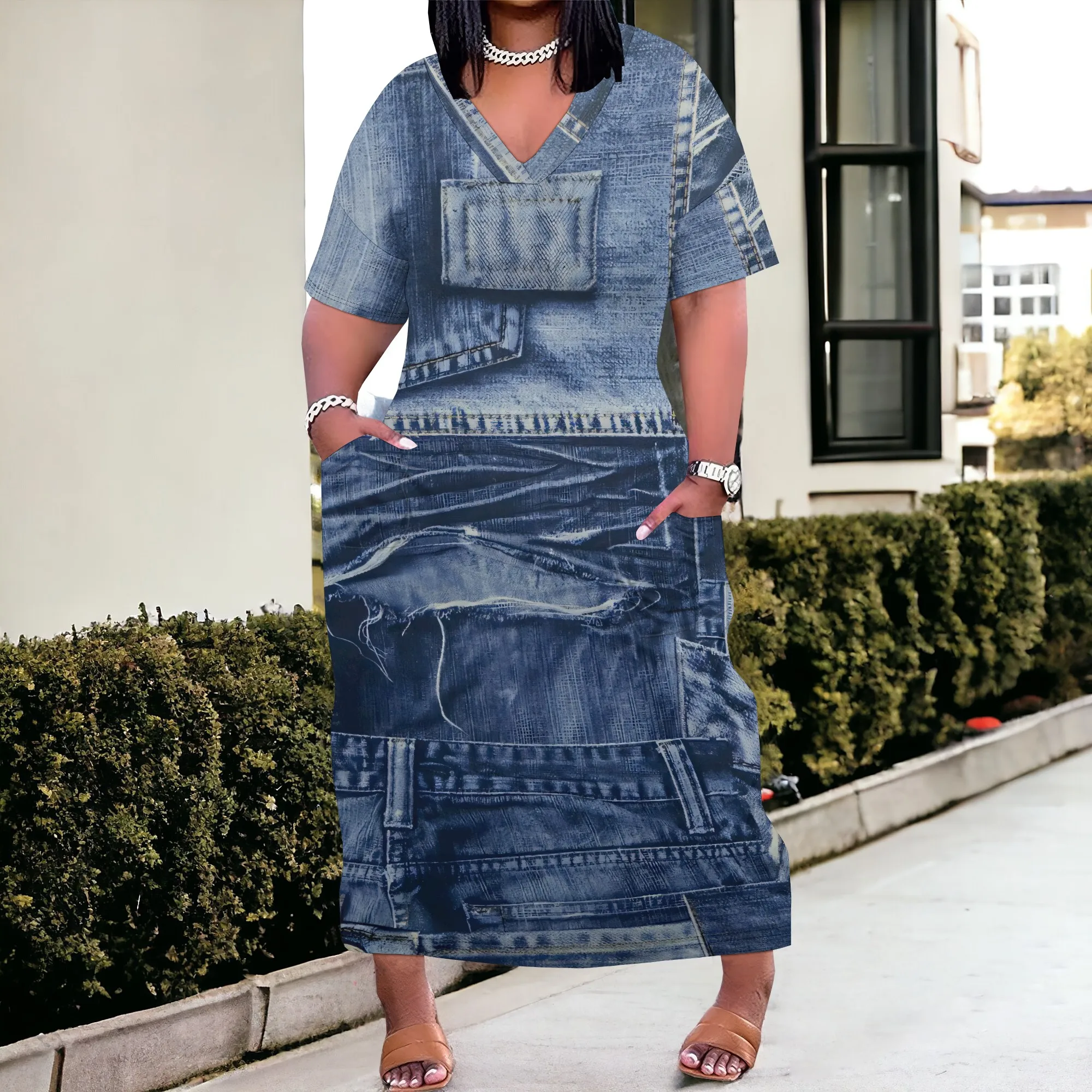 

Nupusa Plus Size Denim - Look Dress, V - Neck Short - Sleeve with Pockets, Faux Jean Print Maxi Dress