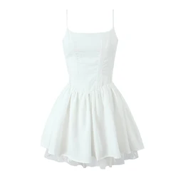 YENKYE Sexy Women Lace Patchwork Sling Mini White Dresses O Neck Low Waist Ladies Birthday Party Dress Pretty Girl Romantic Robe
