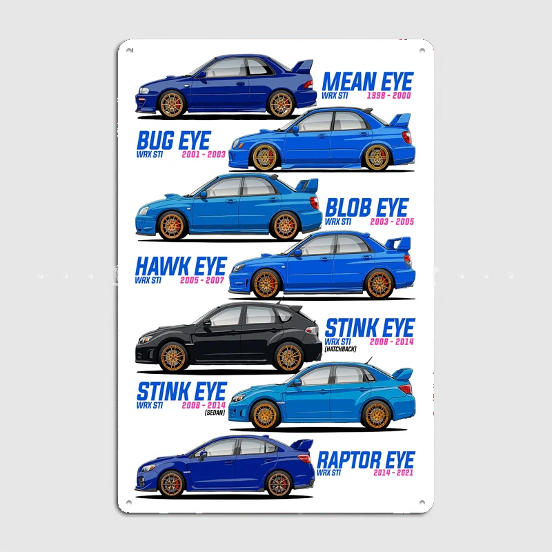 WRX STI Generations Evolution Classic Car Metal Poster Sign Bar Club Custom Bedroom Indoor Wall Decor Tin Room Decor Home Decor