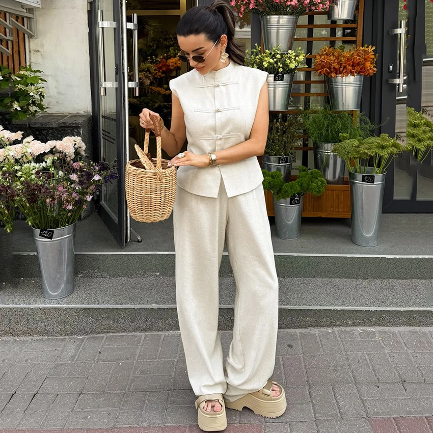Khaki Cotton Linen High Waist Pants and Vest Set