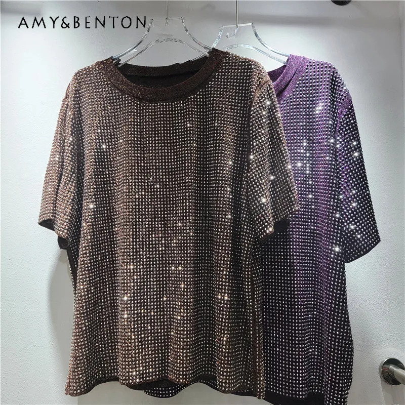 

Женская футболка со стразами для тяжелой промышленности, утягивающий свободный топ с круглым вырезом и короткими рукавами, универсальный топ для похудения