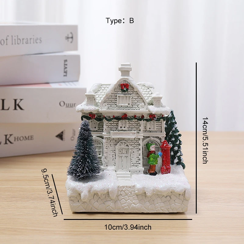 LED Warm Light White Snow House statua in resina, luminoso Christmas Snow House, ornamenti per la decorazione della casa, stile americano