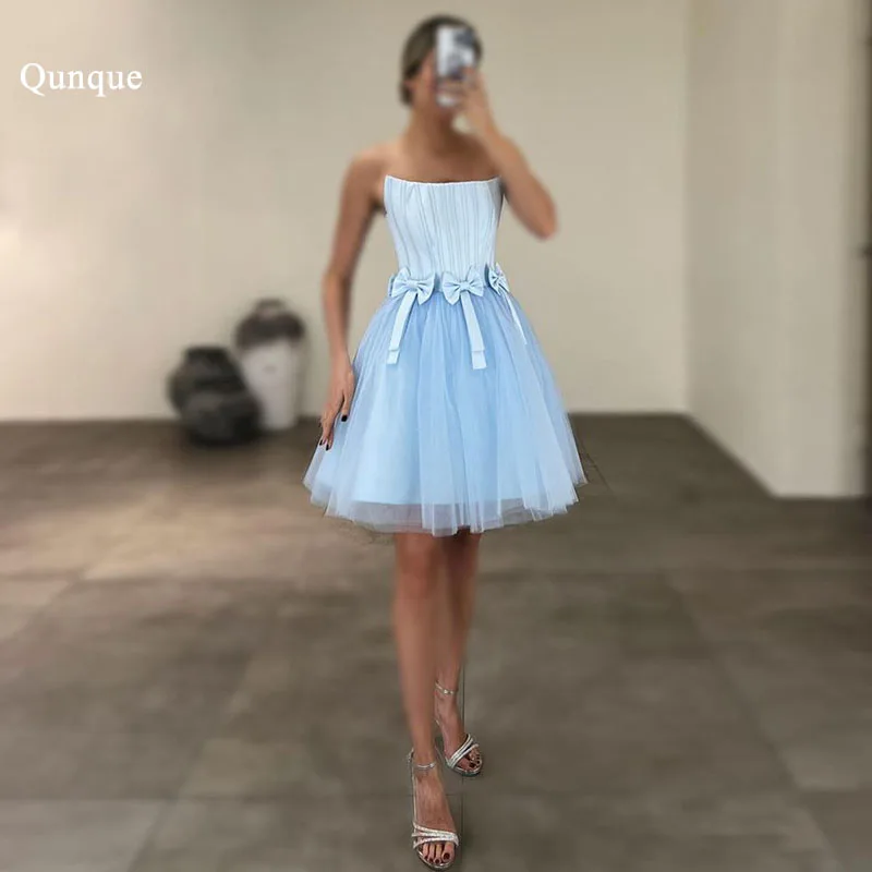 Qunque Customized Sky Blue Cocktail Gowns Short Tulle Formal Evening Dresses Corest Back Bows Vestidos De Fiesta Mini Porm Dress