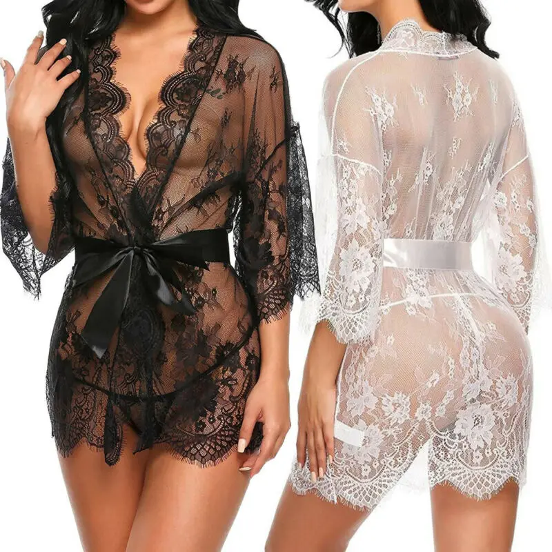 Sexy Women Lingerie Lace Night Dress Sleepwear Nightgown Bandage Deep V G-String See Through Sexy Sheer Sleep Dress Robe