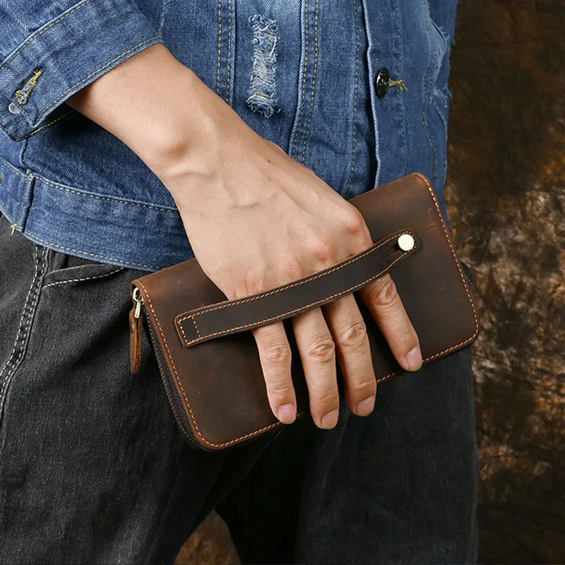 

Men Clutch Bag Genuine Leather Cowhide Wallet Multi Card Tickets Organizer Cash Holder Vintage Brown Zipper Wallets Pouch Bags