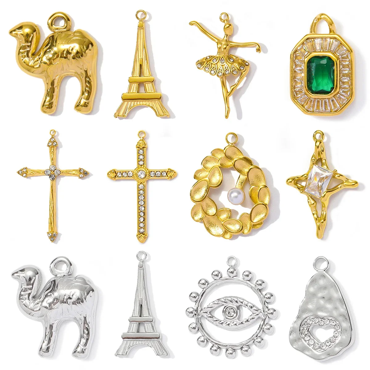 3 unids/lote Retro de acero inoxidable Camel la Torre Eiffel COLLAR COLGANTE Cruz de cristal bailarina Diy dijes joyería de ojos al por mayor