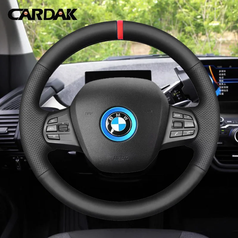 DIY Black Artificial Leather Hand-stitched Car Steering Wheel Cover for BMW i3 2014 2015 2016 2017 2018 2019 2020 2021 2022