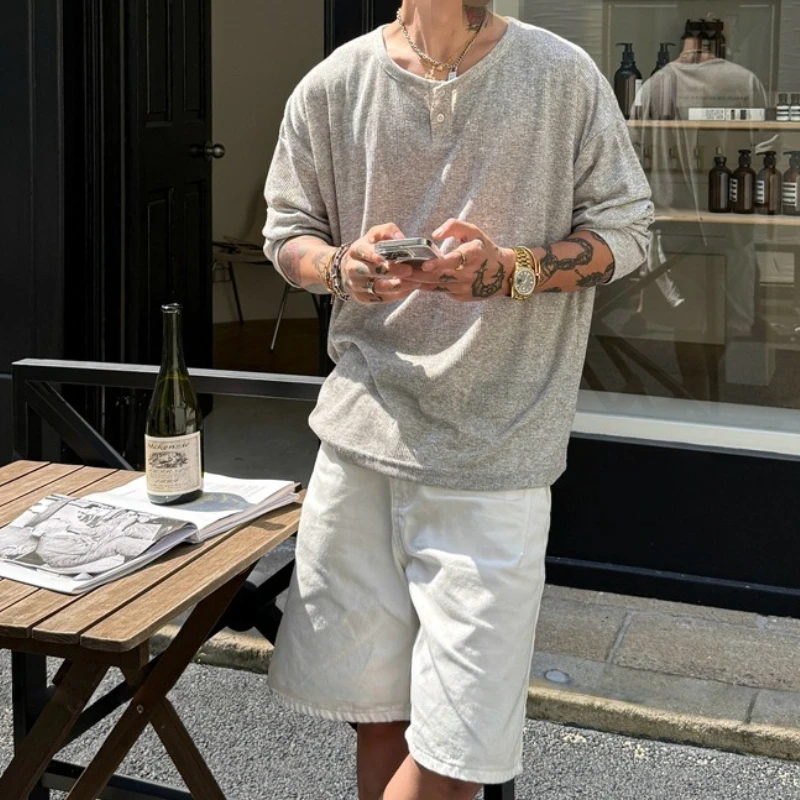 Vintage Pleated Texture Collar Long-sleeved T-shirt Men's Spring Inner Wear C Teen Top
