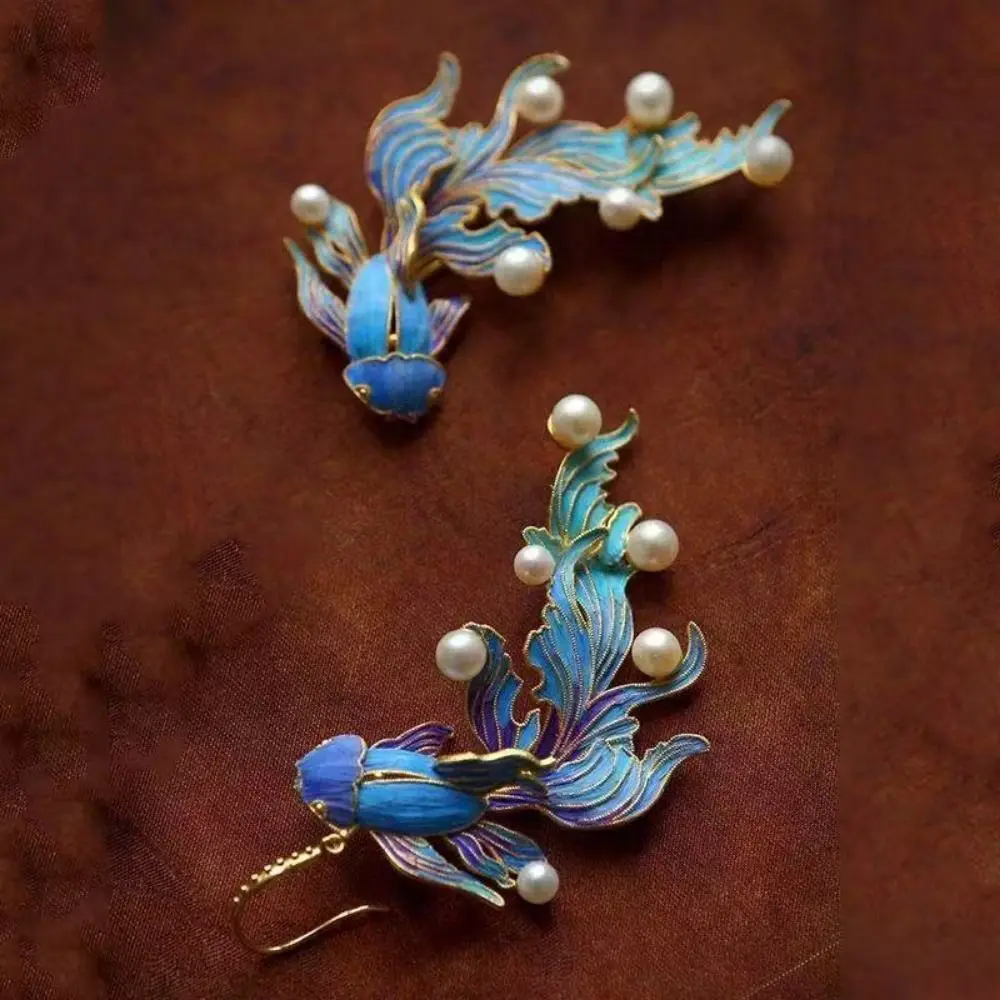 Vintage Style Koi Fish-shaped Earrings Unique Design Colored Fish Imitation Pearl Earrings Ethnic Style Special Design