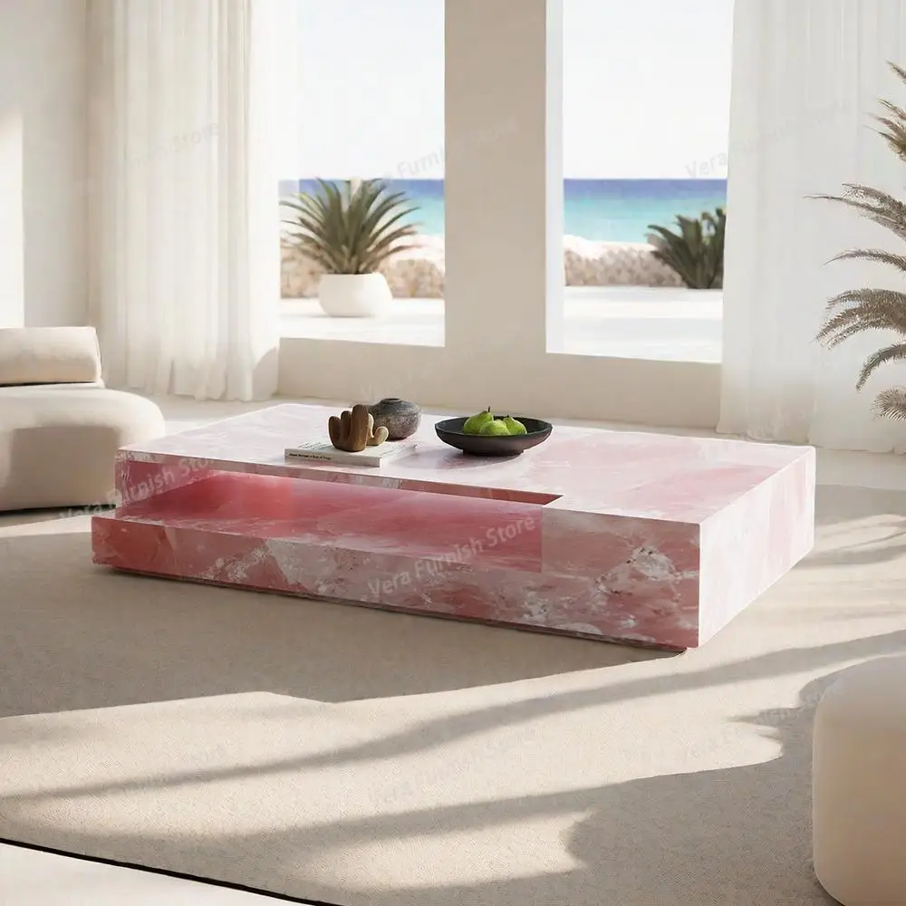 

"Pink Jade Marble Coffee Table - Luxury Slate Stone Rectangular Designer Tea Table Custom Living Room Centerpiece"