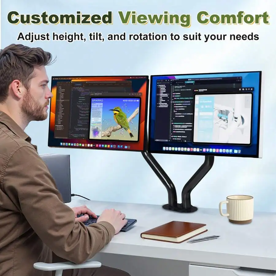 Dual Monitor Arm Gas Spring Stand 17-32' Adjustable Heavy Duty Alloy Desk Mount VESA 75/100