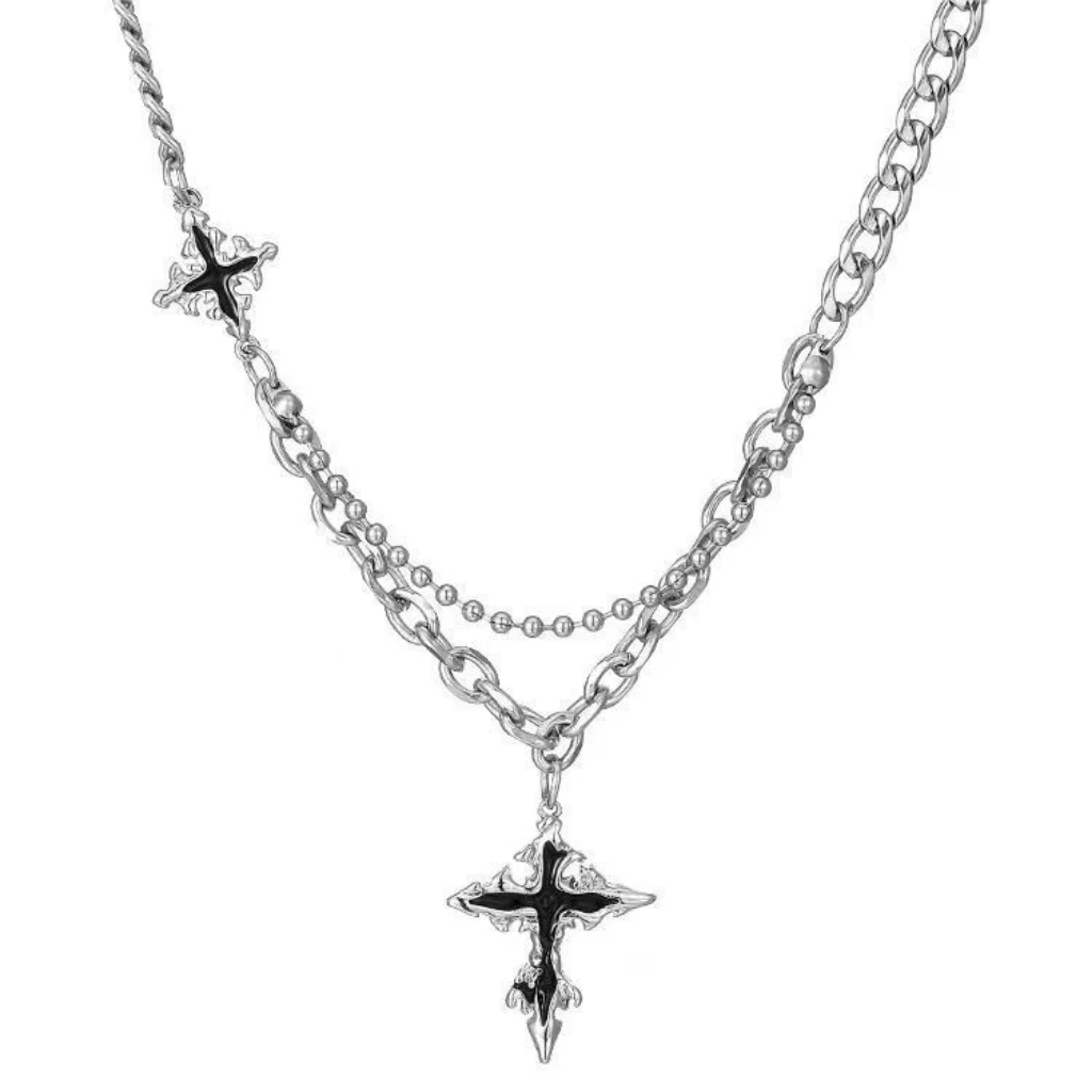 

Double Layer Gothic Cross Pendant Necklace for Women Men Titanium Steel Silver Color Punk Layered Chain Jewelry