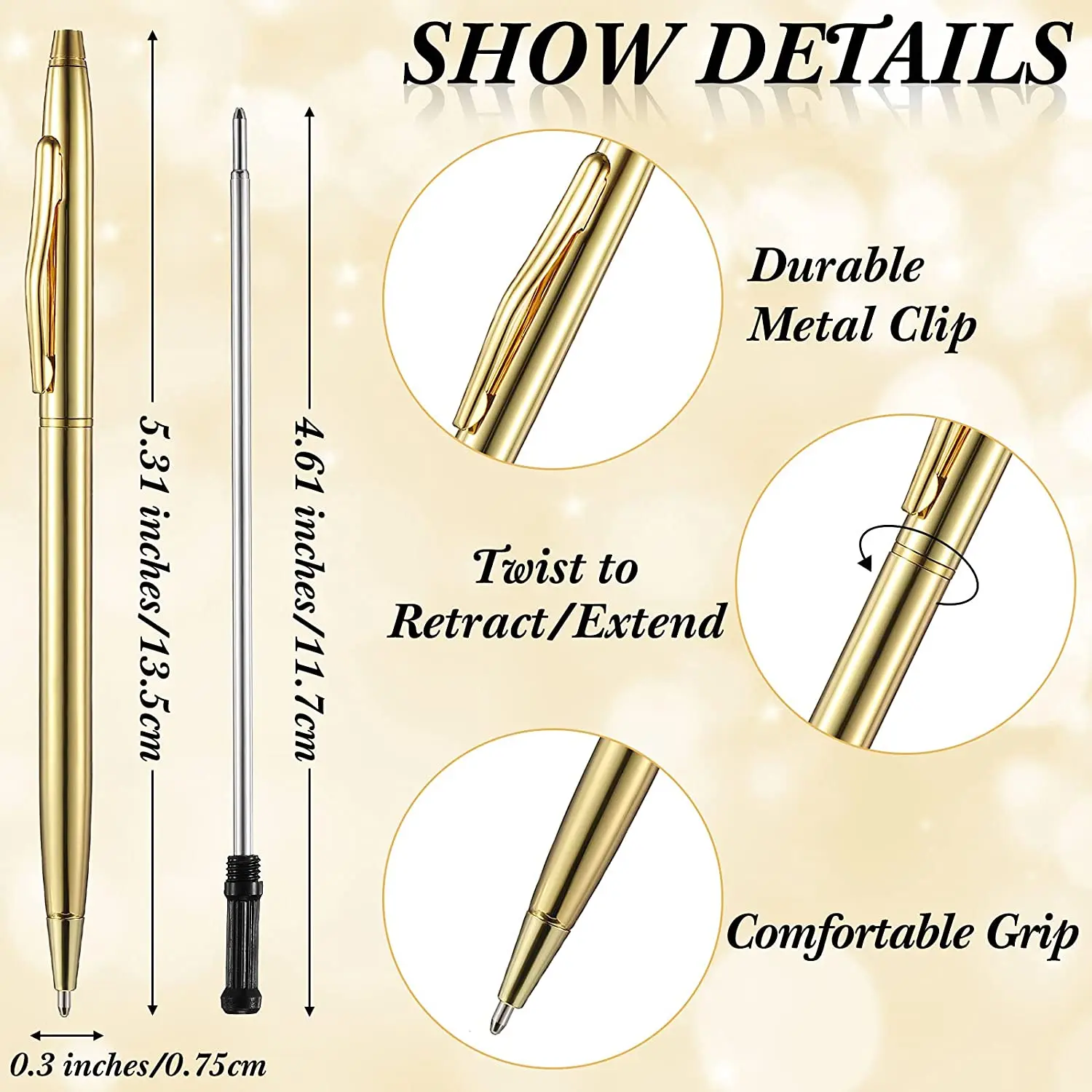12 PCS Gold Slim Ballpoint Pens Black Ink 1 Mm Medium Point Metallic Retractable Pens For Students Teachers Office