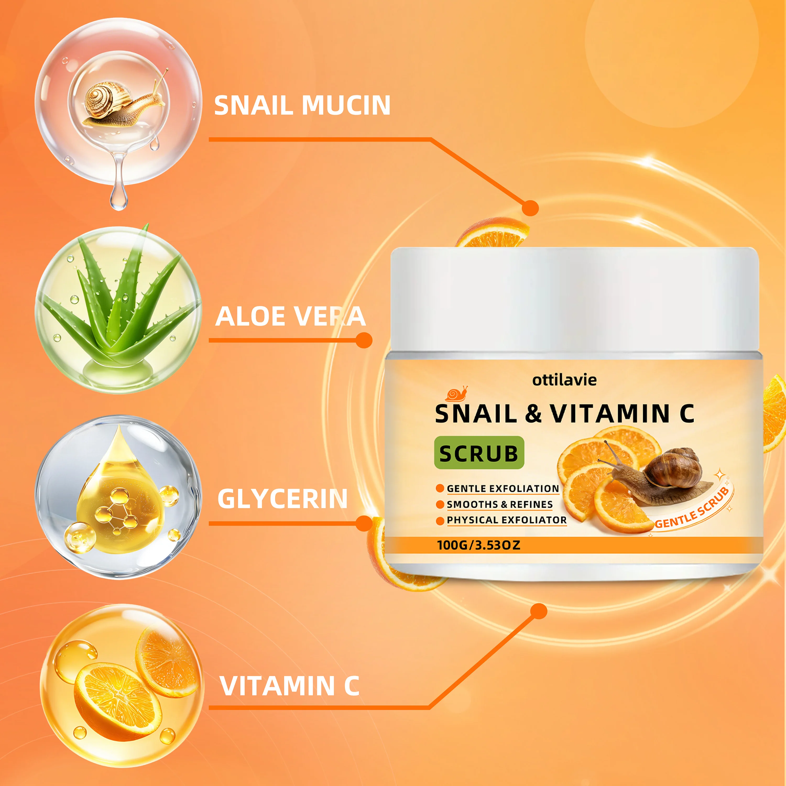 Ottilavie Snail Vitamin C Scrub: Gently Exfoliates & Deeply Cleanses. For All Skin Types, Day or Night. (Unisex)