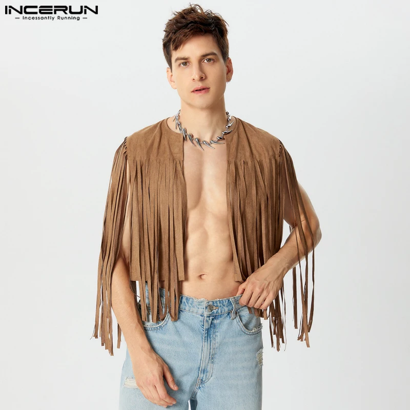 2024 INCERUN Men Tops Casual Solid Sexy Waistcoats Tassels Elegant Sleeveless Vests Vintage Style American Fashion Coats S-5XL